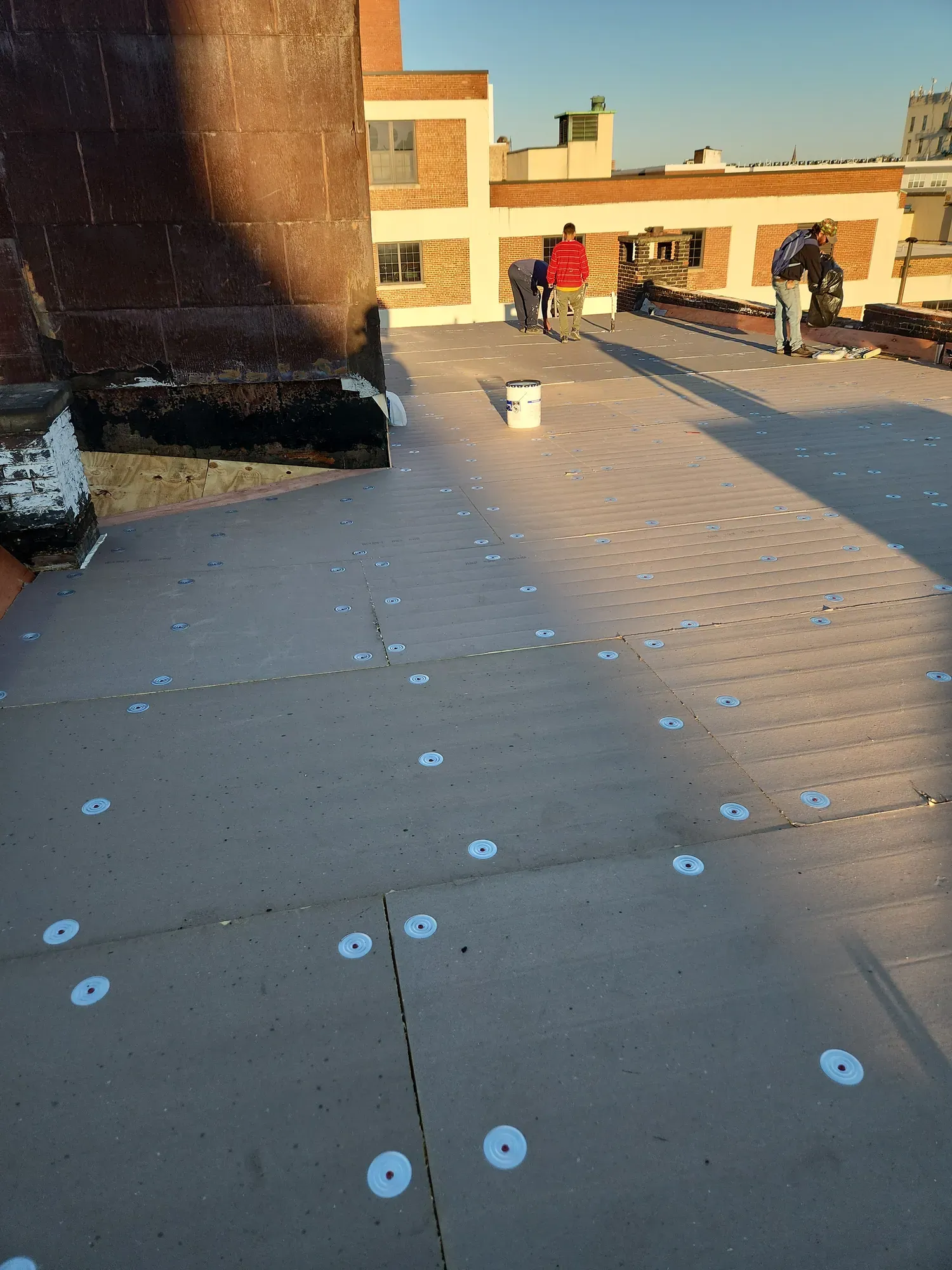 Flat roof cover boards fastened down with round plates, with new plywood along a brick wall